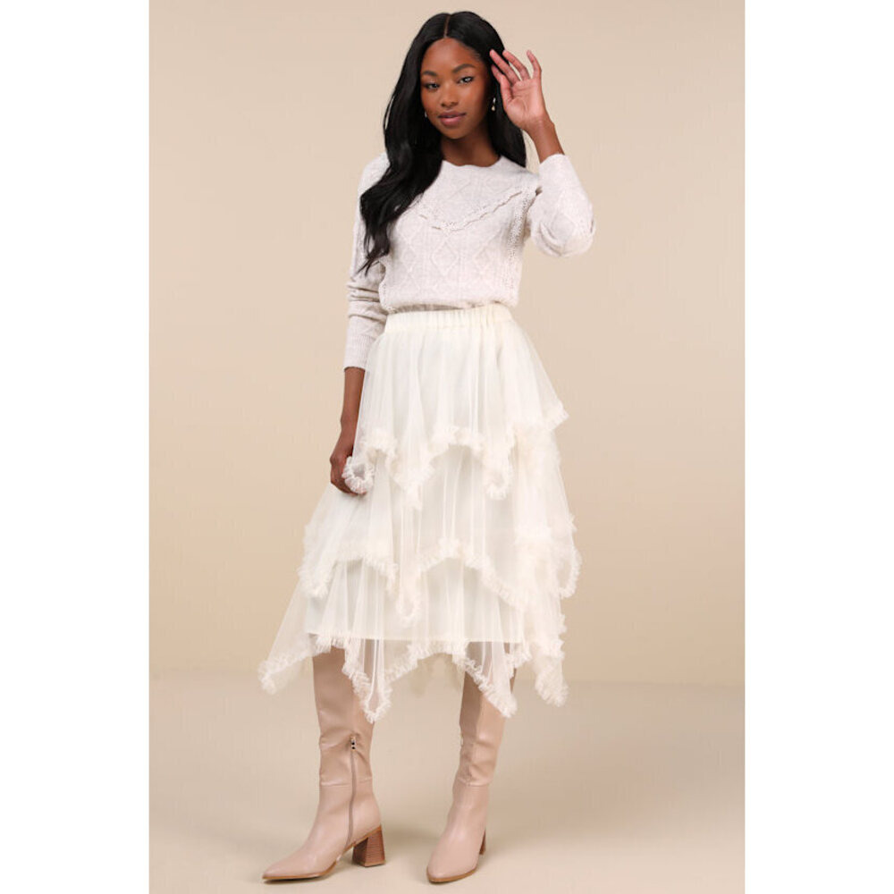 NWT Lulus Dreamy Charisma Ivory Mesh Tiered Handkerchief Midi Skirt White